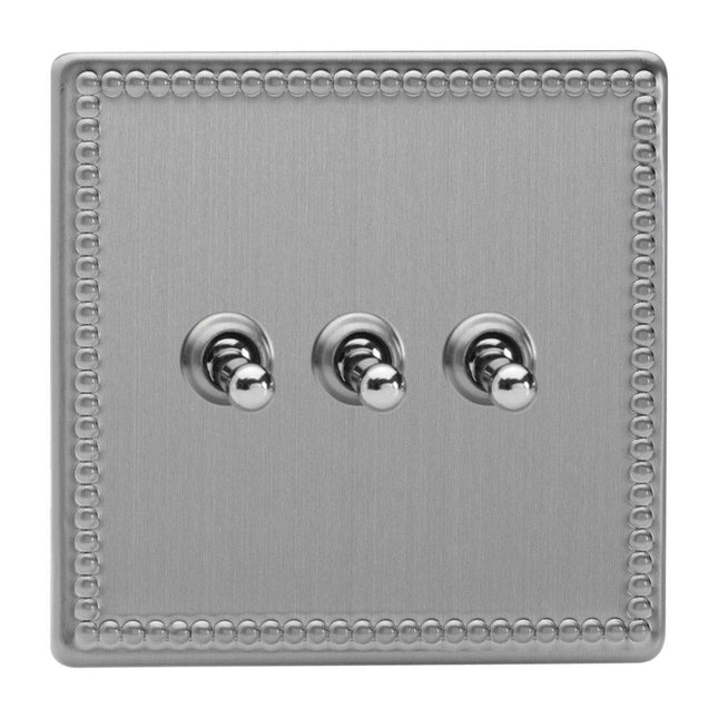 Varilight 3 Gang (Triple), 1 or 2 Way 10 Amp Classic Toggle Switch, Dimension Screwless Jubilee Brushed Steel XDYT3S.JS