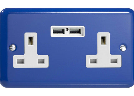 Varilight 2-Gang 13A Unswitched Plug Socket + 2 5V DC 2100mA USB Charging Ports Reflex Blue XY5U2W.RB