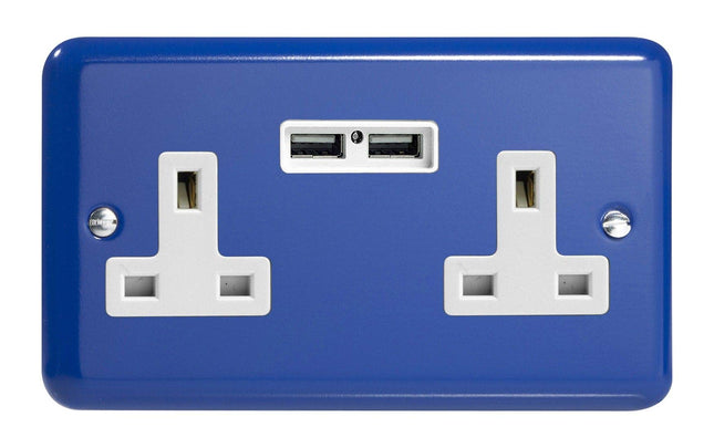 Varilight 2-Gang 13A Unswitched Plug Socket + 2 5V DC 2100mA USB Charging Ports Reflex Blue XY5U2W.RB