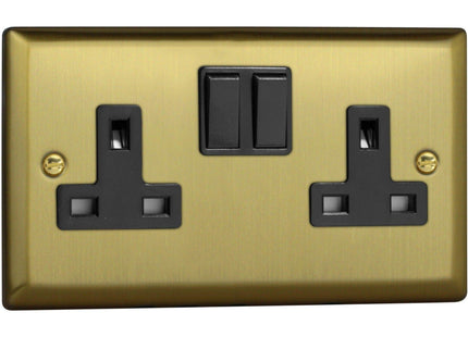 Varilight Urban Brushed Brass 2-Gang Double Pole Switched 13 Amp Plug Socket with Black Insert