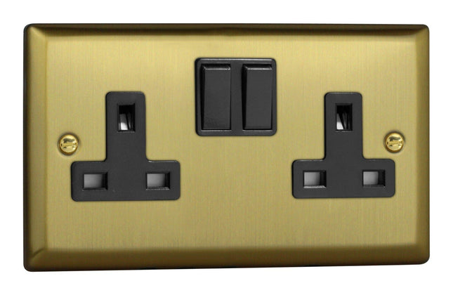 Varilight Urban Brushed Brass 2-Gang Double Pole Switched 13 Amp Plug Socket with Black Insert
