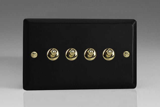 Varilight Vogue Collection Matt Black 4 Gang 1 or 2-Way 10 Amp Toggle Switch with Brass Toggle
