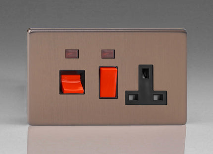 Varilight Flat Plate Screwless Brushed Bronze 45 Amp Cooker Switch & 13A Plug Socket with Neon