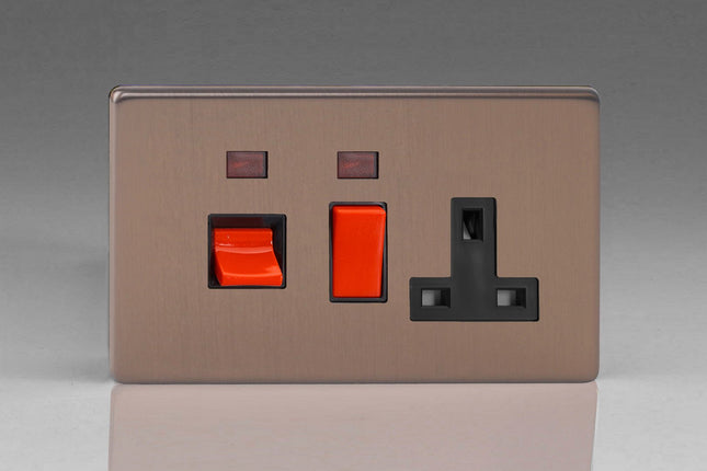 Varilight Flat Plate Screwless Brushed Bronze 45 Amp Cooker Switch & 13A Plug Socket with Neon