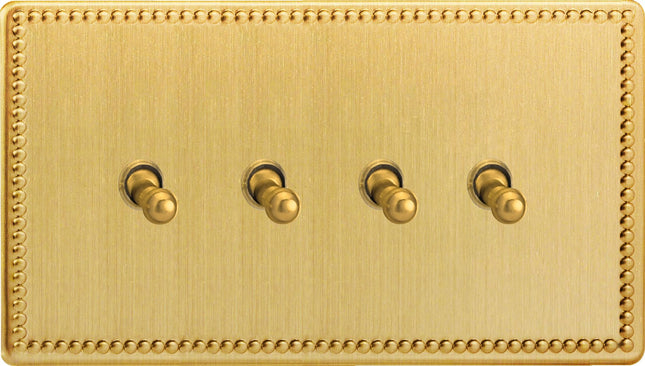Varilight 4 Gang (Quad), 1or 2 Way 10 Amp Classic Toggle Switch, Dimension Screwless Jubilee Brushed Brass XDYT9S.JB