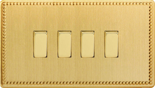 Varilight 4 Gang (Quad), 1or 2 Way 10 Amp Switch, Dimension Screwless Jubilee Brushed Brass (Double Plate) XDY9S.JB