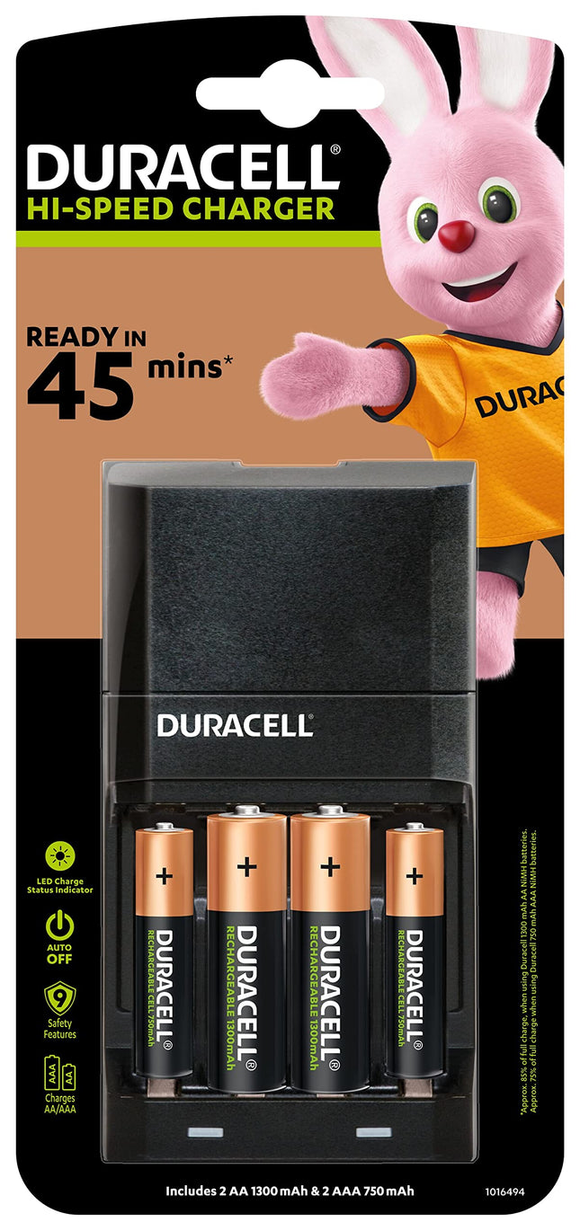 Duracell CEF27EU 45 Minute Charger with 2 x AA & 2 x AAA Batteries, Black