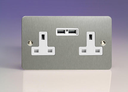 Varilight 2-Gang 13A Unswitched Plug Socket + 2 5V DC 2100mA USB Charging Ports Brushed Steel XFS5U2W