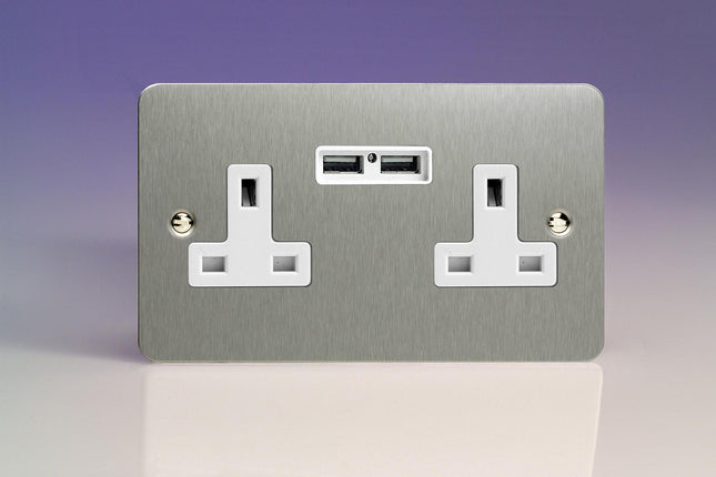 Varilight 2-Gang 13A Unswitched Plug Socket + 2 5V DC 2100mA USB Charging Ports Brushed Steel XFS5U2W
