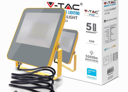 V-TAC LED Work Light, Portable Floodlight, Work Lights Main Powered, 50W, 5000 Lumen, 6400K, IP65 Waterproof, Security Light Built in Wire with BS Plug for Workshop, Garage, Construction, Site Light.