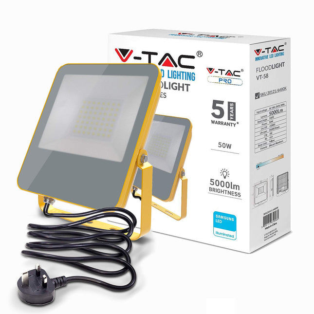 V-TAC LED Work Light, Portable Floodlight, Work Lights Main Powered, 50W, 5000 Lumen, 6400K, IP65 Waterproof, Security Light Built in Wire with BS Plug for Workshop, Garage, Construction, Site Light.