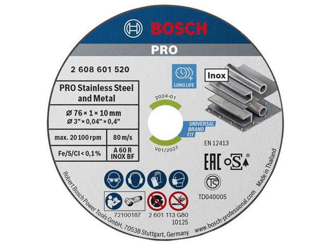 Bosch Powertool Accessories Pro Stainless Steel And Metal Bonded Cutting Disc 76 X 10Mm Pack Of 5