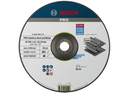 Bosch Powertool Accessories Pro Stainless Steel & Metal Bonded Cutting Disc, Depressed Centre 230 X 22.23Mm