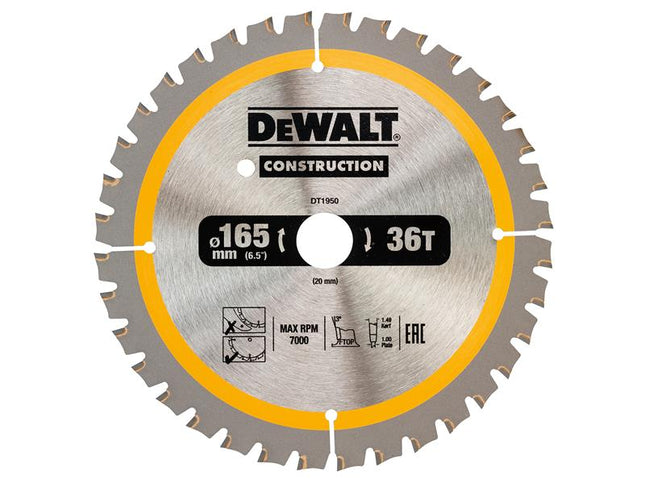 DEWALT Cordless Construction Trim Saw Blade 165 x 20mm x 36T DEWDT1950QZ