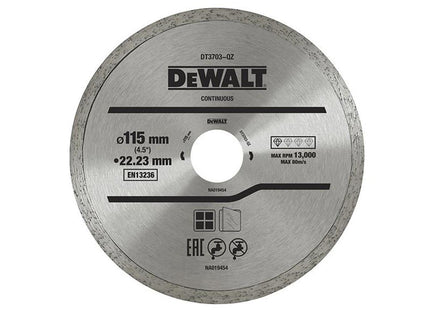 Dewalt Power Tools Dt3711 Continuous Rim Diamond Cutting Disc 115 X 22.23Mm