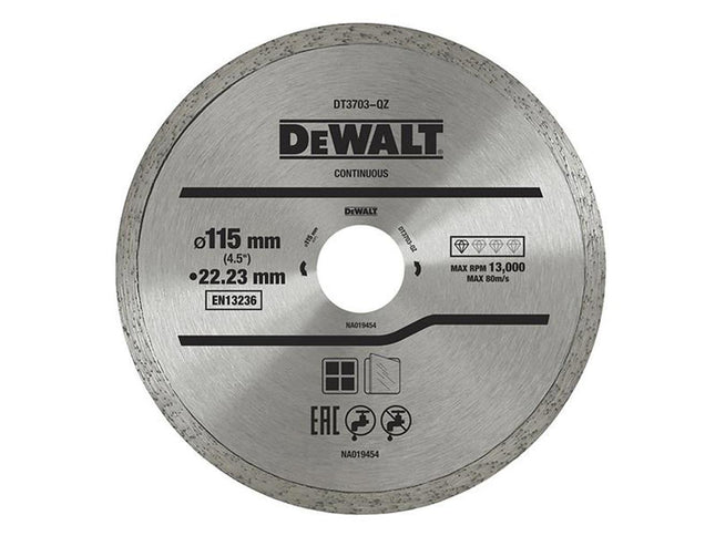 Dewalt Power Tools Dt3711 Continuous Rim Diamond Cutting Disc 115 X 22.23Mm