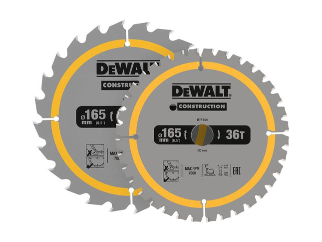 DEWALT DT90270 Construction Circular Saw Blade 2 Pack 165 x 20mm x 24T/36T DEWDT90270QZ