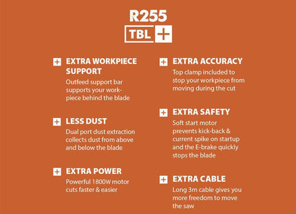 Evolution R255TBL+ Portable Jobsite Table Saw 1800W 240V - 119-0011