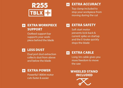 Evolution R255TBLX+ Portable Jobsite Table Saw 1800W 240V - 119-0016