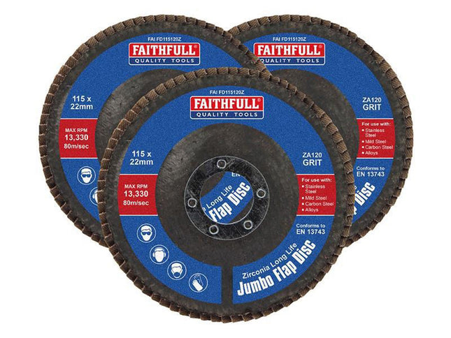 Faithfull Zirconia Abrasive Jumbo Flap Disc 115 X 22Mm 120 Grit (3 Pack)
