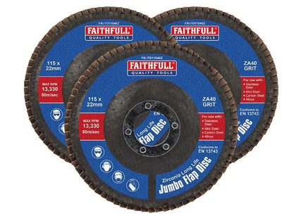 Faithfull Zirconia Abrasive Jumbo Flap Disc 115 X 22Mm 40 Grit (3 Pack)