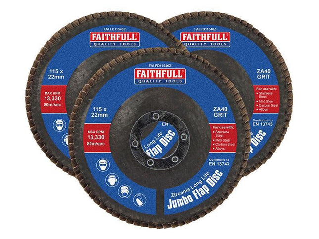 Faithfull Zirconia Abrasive Jumbo Flap Disc 115 X 22Mm 40 Grit (3 Pack)