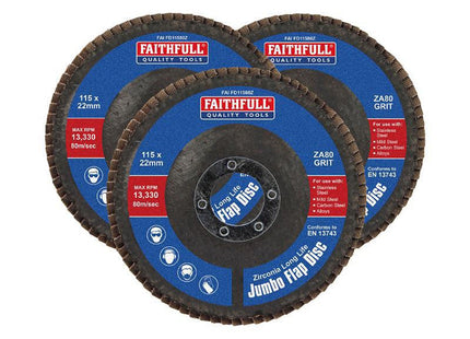 Faithfull Zirconia Abrasive Jumbo Flap Disc 115 X 22Mm 80 Grit (3 Pack)