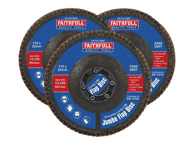 Faithfull Zirconia Abrasive Jumbo Flap Disc 115 X 22Mm 80 Grit (3 Pack)