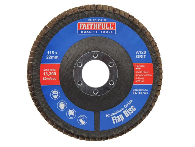 Faithfull Aluminium Oxide Flap Disc 115 x 22mm 120 Grit FAIFD115A120