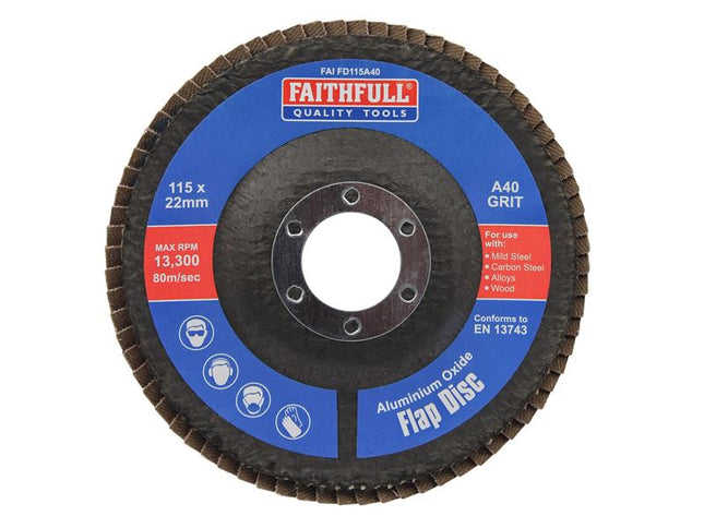 Faithfull Aluminium Oxide Flap Disc 115 x 22mm 40 Grit FAIFD115A40