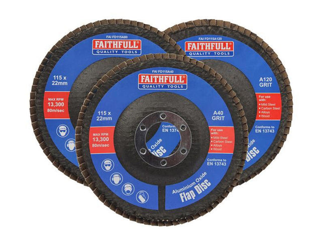 Faithfull Aluminium Oxide Flap Disc 115 X 22Mm Mixed Grit (3 Pack)