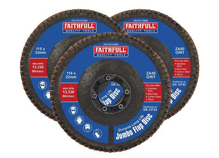 Faithfull Zirconia Abrasive Jumbo Flap Disc 115 X 22Mm Mixed Grit (3 Pack)