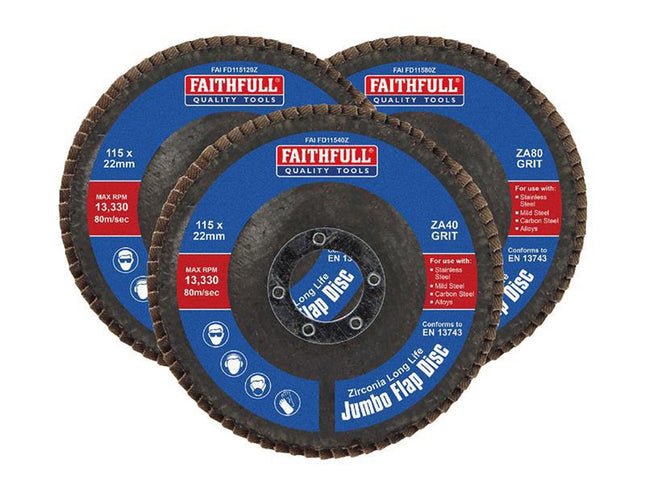 Faithfull Zirconia Abrasive Jumbo Flap Disc 115 X 22Mm Mixed Grit (3 Pack)
