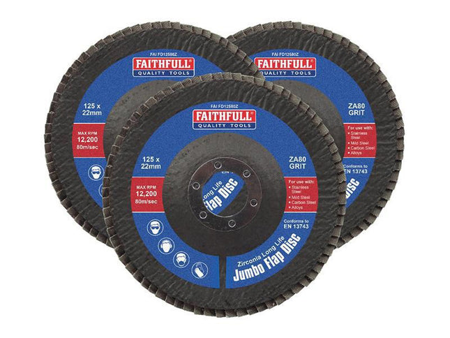 Faithfull Zirconia Abrasive Jumbo Flap Disc 125 X 22Mm 80 Grit (3 Pack)