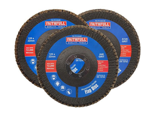 Faithfull Aluminium Oxide Flap Disc 125 X 22Mm Mixed Grit (3 Pack)