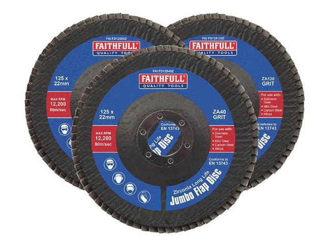 Faithfull Zirconia Abrasive Jumbo Flap Disc 125 X 22Mm Mixed Grit (3 Pack)