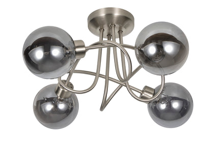 Denton 4 Light Semi Flush Satin Silver Smoke Glass Ceiling Light