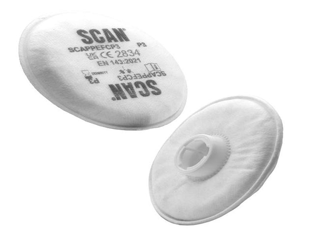 Scan Twin Half Mask P3 Particle Filter Cartridge - Pack of 2 - FP200-3 - Protects Against Dust and Smoke