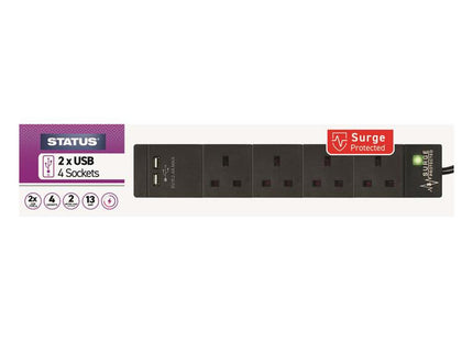 Status Extension Lead 240V 4-Gang + 2 Usb 13A 2M Black