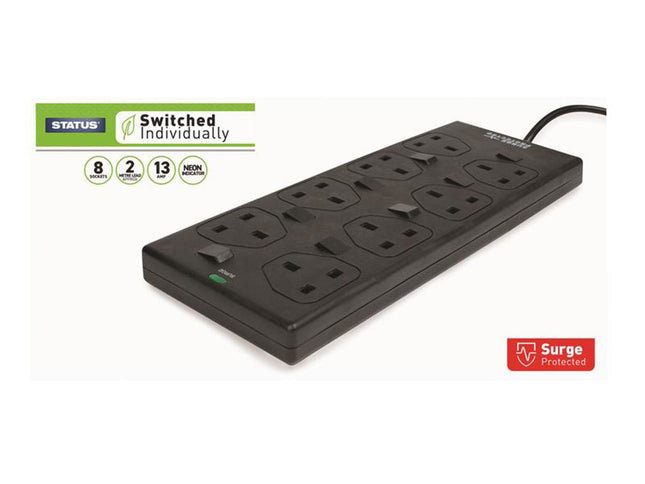 Status Individually Switched Extension Lead 240V 8-Gang 13A Black 2M