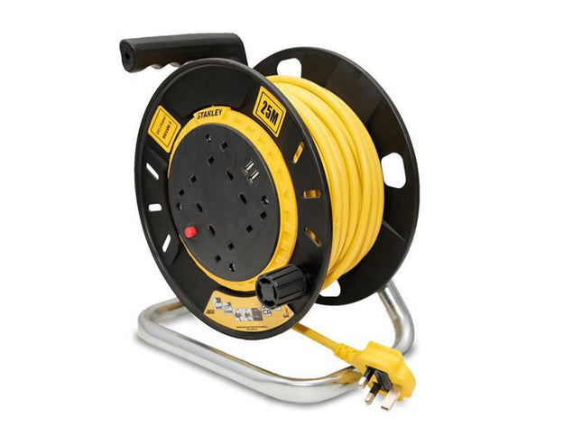 Stanley Electrical Open Drum Cable Reel 240V 13A 4-Socket + 2 Usb 25M