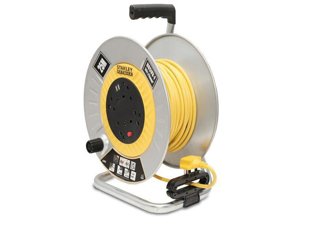 Stanley Electrical Open Metal Drum Cable Reel 240V 13A 4-Socket + 2 Usb 25M