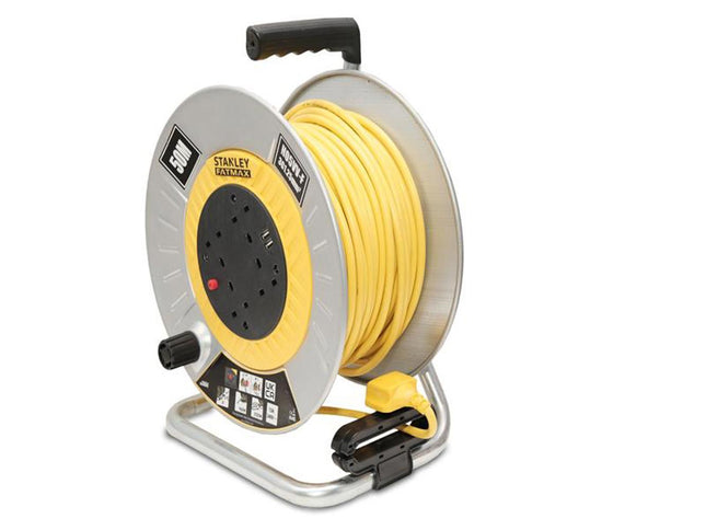 Stanley Electrical Open Metal Drum Cable Reel 240V 13A 4-Socket + 2 Usb 50M