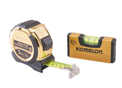 Komelon 5m (16ft) Gold PowerBlade II Tape with Gold Mini Level XMS23TAPELEV