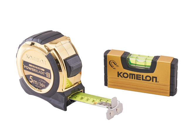 Komelon 5m (16ft) Gold PowerBlade II Tape with Gold Mini Level XMS23TAPELEV