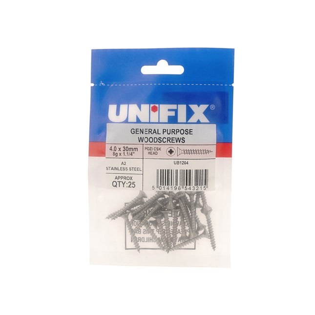 Unifix A2-304 Stainless Steel General Purpose Chippy Woodscrews Pozi Countersunk Head - 5.0 x 50mm (Box of 125)