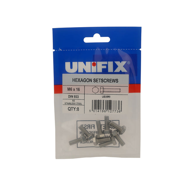 Unifix A2-304 Stainless Steel Hexagon Setscrews DIN 933 - M8 x 25 (Box of 20)