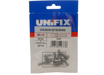 Unifix A2-304 Stainless Steel Hexagon Setscrews DIN 933 - M10 x 40 (Box of 10)