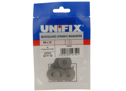 Unifix A2-304 Stainless Steel Mudguard (Penny) Washers - M10 x 25 x 1.5 (Box of 50)