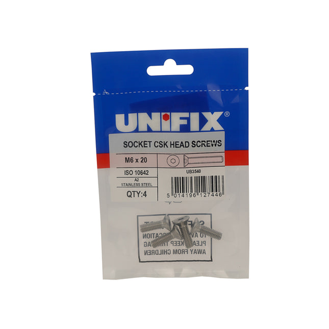 Unifix A2-70 Stainless Steel Socket Countersunk Head Screws ISO 10642 - M6 x 20 (Box of 20)